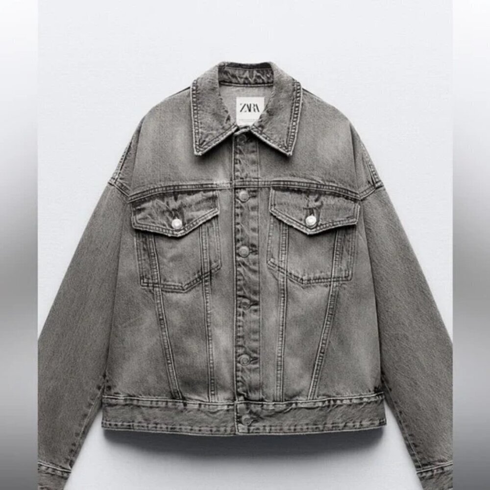 Zara Grey Vintage Style Wash Denim Jacket size XL- XXL 100% Cotton 90s Chic NWT